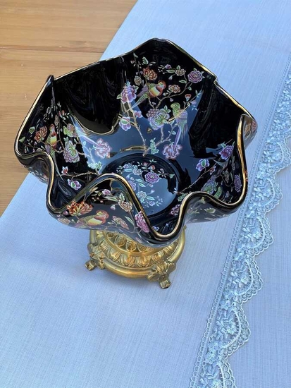 EZEM - Bronz Ayaklı Siyah Çiçekli Meyvelik UJ 079